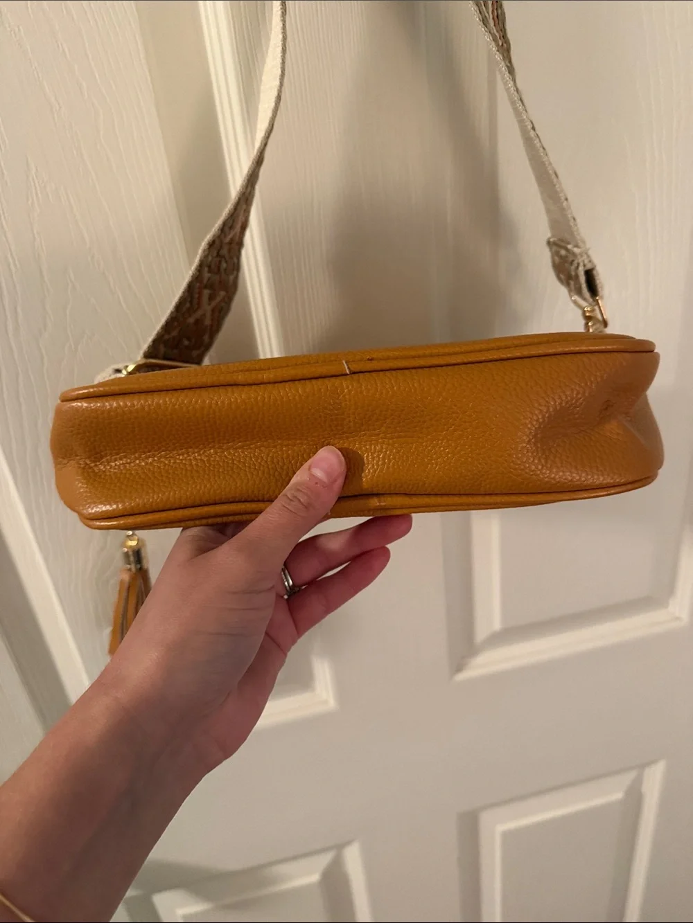Women’s Mustard Crossbody Bag with Patterned Strap